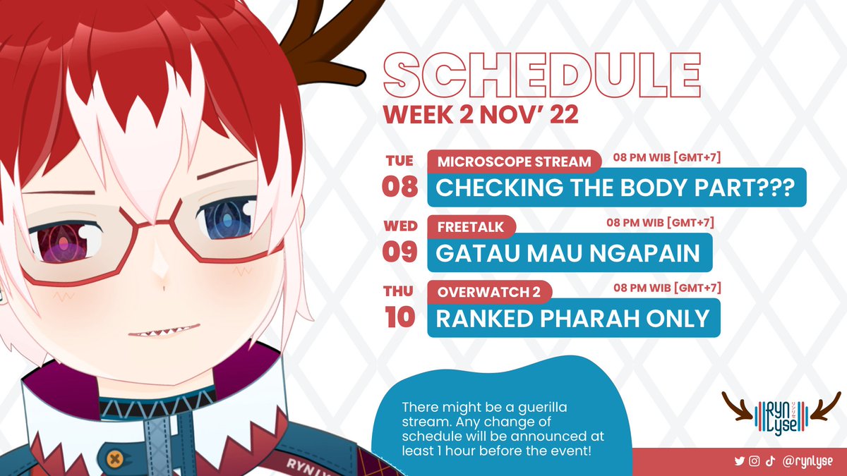 RynLyse's tweet photo. Schedule for this week...

See ya!

YT: https://t.co/mLLeNpmCxq

Retweets are appreciated 🙏

General: #RynLyse
Live &amp; Clips: #RynLive
Fanart: #RynLine
Memes: #RynLMAO
Fan Name: #RynDear https://t.co/iyV18Kibke