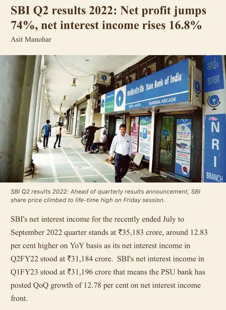 Nirmala Sitharaman (@nsitharaman) on Twitter photo In Q2 of FY23 (year-on-year)
✅ SBI reports 74 % jump in profit to Rs 13,265 cr
✅ Canara Bank reports 89% jump in profit to Rs 2,525 cr 
✅ UCO Bank reports 145% jump in profit to Rs 504 cr
✅ Bank of Baroda reports 58.70% profit of Rs 3,312.42 cr (2/2) In Q2 of FY23 (year-on-year)
✅ SBI reports 74 % jump in profit to Rs 13,265 cr
✅ Canara Bank reports 89% jump in profit to Rs 2,525 cr 
✅ UCO Bank reports 145% jump in profit to Rs 504 cr
✅ Bank of Baroda reports 58.70% profit of Rs 3,312.42 cr (2/2)
