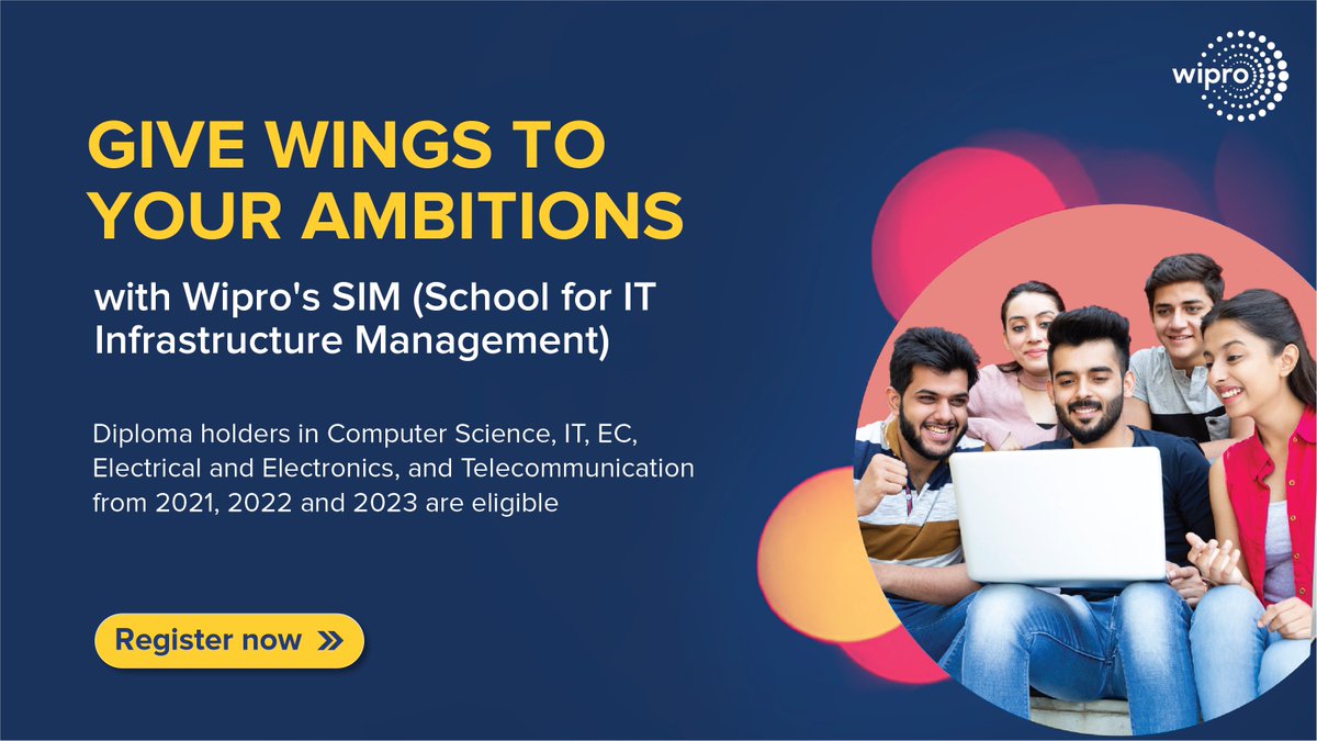 Ready to upgrade your diploma to a sponsored BTech degree while working? Wipro SIM Program is now open! If you are a 2021, 2022 or 2023 diploma holder in Computer Science, IT, EC, Electrical and Electronics or Telecommunication, apply today: bit.ly/3EtY4Lb