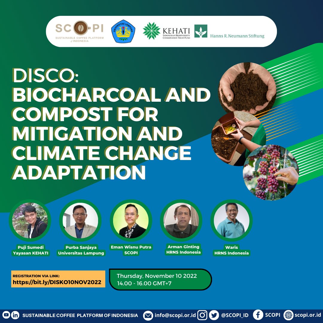 Let's join with Ka'Fein for a joint discussion on climate change mitigation and adaptation! One effort that can be done is to use biochar and compost.

Registration Link:
bit.ly/DISKO10NOV2022

#SustainableCoffee #CoffeeWarriors