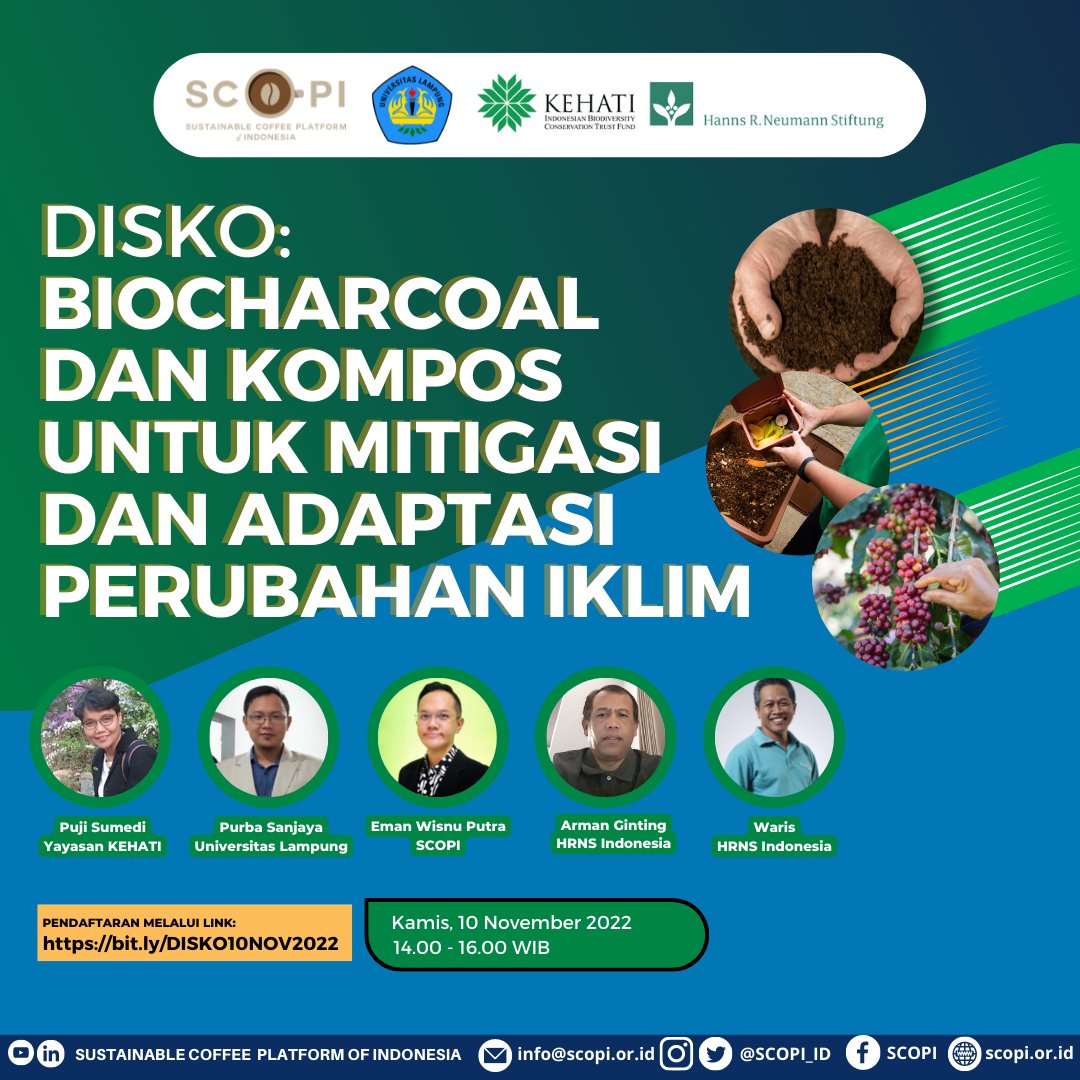 Salam Lestari #PejuangKopi! Yuk bareng Ka’Fein kita berdiskusi bersama tentang mitigasi dan adaptasi perubahan iklim! Salah satu upayanya dengan menggunakan biochar dan kompos lho..
Link Pendaftaran:
bit.ly/DISKO10NOV2022

#SustainableCoffee #PejuangKopi