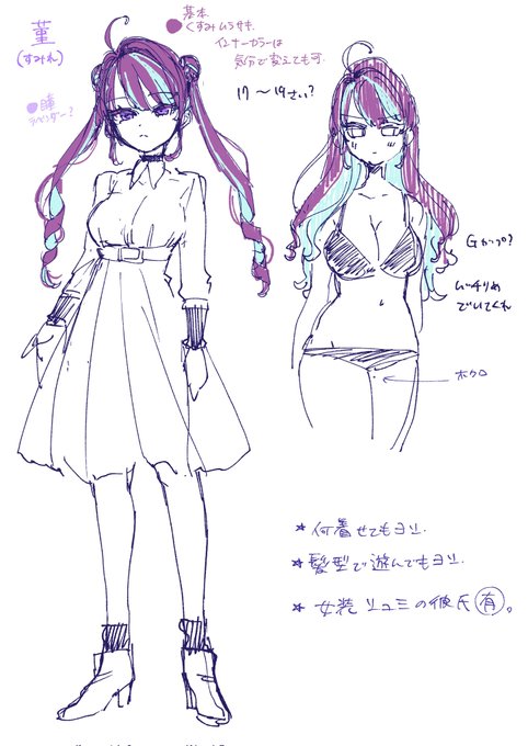 私がよく言ってる菫と椿の設定画?です
すえつぐの創作男女カプですよろしくお願いします✌ゆるゆるテキトーに描いてる 