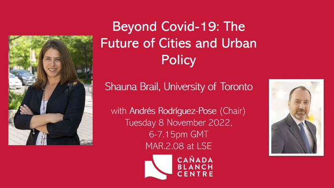 Tomorrow, <a href="/shaunabrail/">Shauna Brail</a> will be talking about "Beyond #Covid19: the future of #cities and urban policy" at this event organised by the <a href="/CanadaBlanchLSE/">Cañada Blanch Centre at LSE</a>.
6.00pm, British time, online and in person in the <a href="/LSEnews/">LSE</a>, Marshall Building.
All the information here:
lse.ac.uk/canada-blanch/…