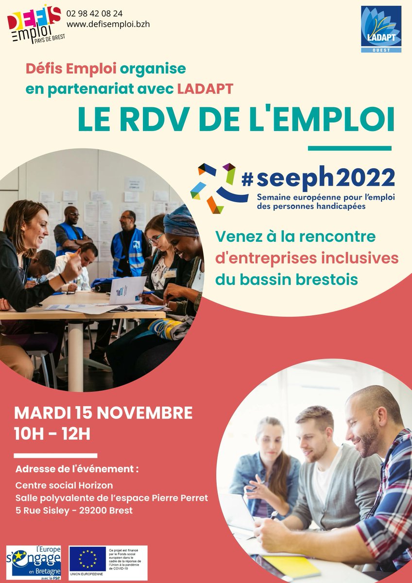 DEFIS_Emploi's tweet photo. #seeph2022 Stop aux idées reçues sur l'employabilité des personnes avec un handicap! 🛑 Les entreprises inclusives du #paysdebrest témoignent et recrutent le 15/11 à 10h pendant le RDV de l' #emploi @comfinanco #Upinterim #Corser @LADAPT https://t.co/Pefbg8CuAE