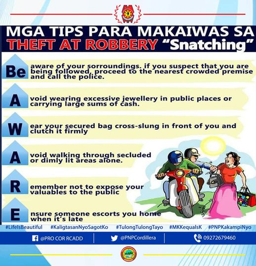 1501st_MC's tweet photo. Mga Tips para Makaiwas sa Theft at Robbery "Snatching
#LifeisBeautiful2022
#TulongTulongTayo
#KaligtasanNyoSagotKo
#MKKequalsK
#PNPKakampiNyo https://t.co/RSFamwIQ1A
