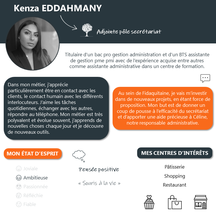 ✨ Bienvenue chez Fidaquitaine ✨
Encore une nouvelle arrivée au cabinet ! Nous accueillions cette fois Kenza Eddahmany qui intègre le pôle administratif pour nous prêter main forte, vous accueillir et vous renseigner.
Merci Kenza pour tes délicieuses pâtisseries, à très vite !