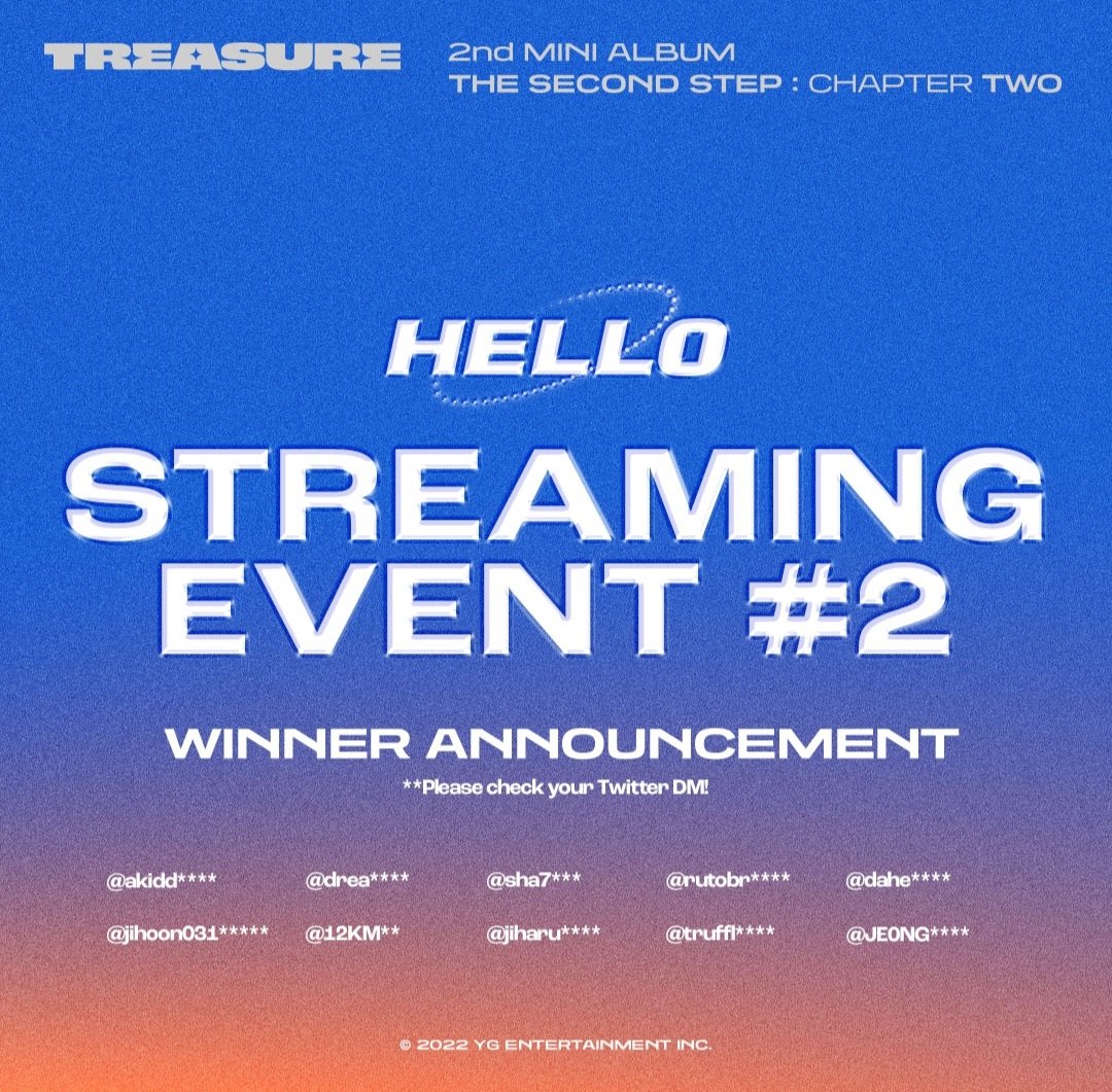 TREASURE_Fr's tweet photo. -💎-↳ | 07.11.22 | YGTREASUREMAKER
#TREASURE - ÉVÉNEMENT STREAMING 'HELLO' #2 ANNONCE DES GAGNANTS
s'il-vous-plaît regardés vos DM Twitter.
Merci à tous les participants!
#트레저 #HELLO #STREAMING_EVENT #HELLO_EVENT_2 #HELLOeverywhere #YG
---
→ raynami 🐒
@treasuremembers https://t.co/RxlYkxdSox