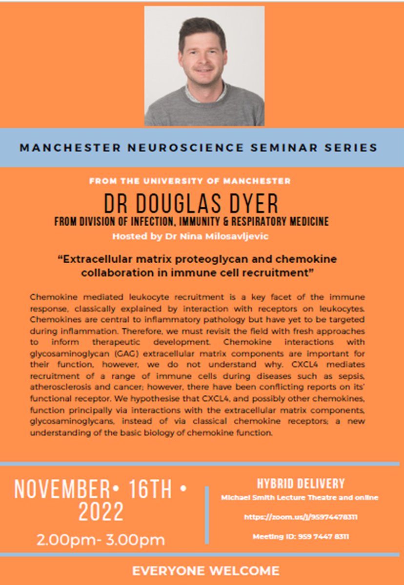 Division of Neuroscience (@dns_uom) on Twitter photo The next seminar in our Neuroscience Seminar Series is on Weds November 16th and is from our colleague in <a href="/UoM_DIIIRM/">Immunology, Immunity to Infection, Respiratory Med</a> @tripledougdyer and hosted by <a href="/NinaMilo_Lab/">Nina Milosavljevic</a>. Details and Zoom link on flyer - all welcome! The next seminar in our Neuroscience Seminar Series is on Weds November 16th and is from our colleague in <a href="/UoM_DIIIRM/">Immunology, Immunity to Infection, Respiratory Med</a> @tripledougdyer and hosted by <a href="/NinaMilo_Lab/">Nina Milosavljevic</a>. Details and Zoom link on flyer - all welcome!