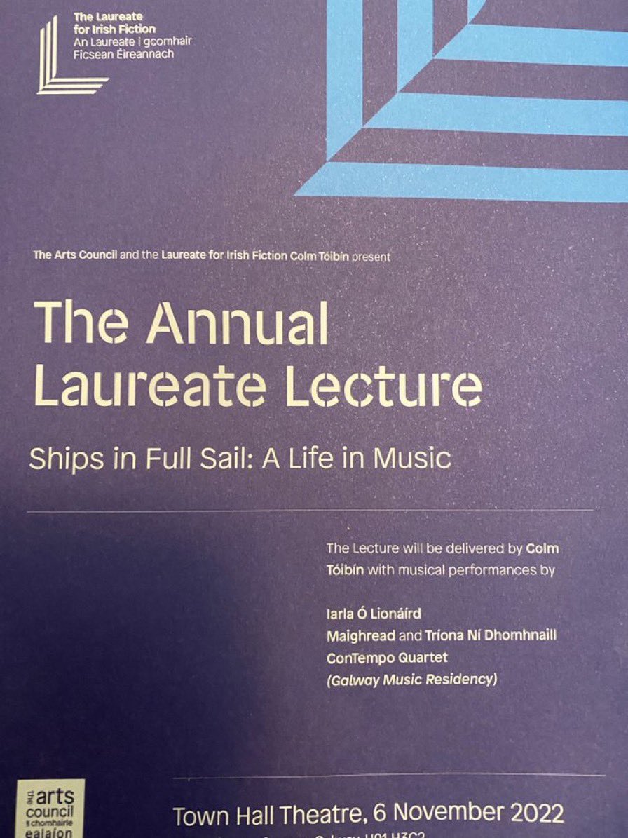 Colm Tóibín’s 1st lecture as @LaureateFiction last night @THTG was amazing. A fascinating lecture with music from Triona & Maighread NíDhomhnaill @iarlavox and Contempo Quartet. It was recorded and there’ll be a link to watch back next week @artscouncil_ie #colmtoibin #laureate