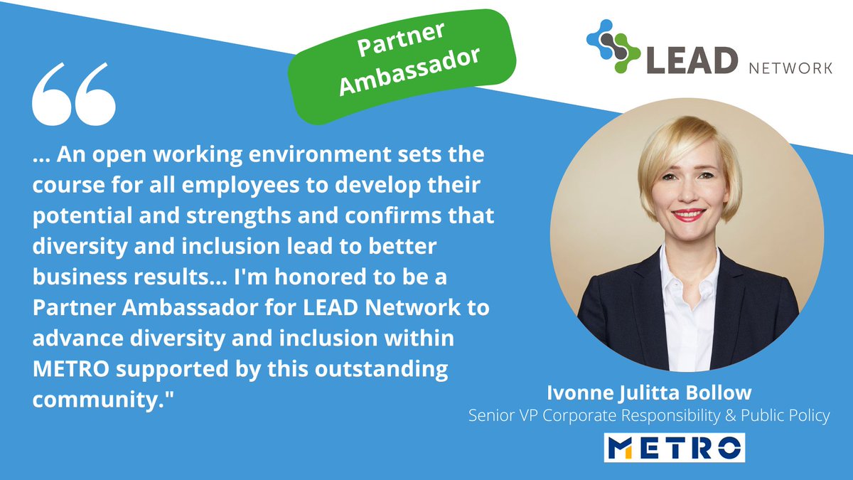 Lead_eu_net's tweet photo. Ivonne Julitta Bollow, Senior Vice President of Corporate Responsibility &amp; Public Policy at @METRO_News  has been appointed partner ambassador.
More info: https://t.co/m3ZR47wPyX
 #LEADNetwork22 #GenderEquality #DiversityAndInclusion #METROLEADPartner #VolunteersRock https://t.co/6wGQDdqKZi