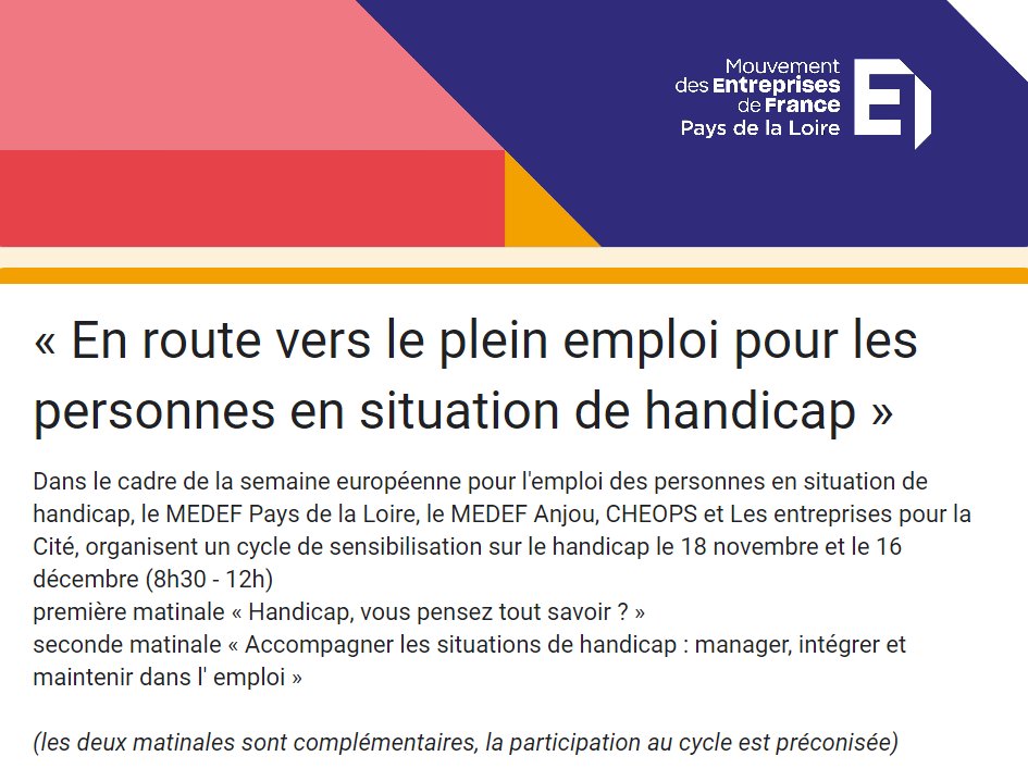 Dans le cadre de la #seeph2022 le <a href="/MedefPDL/">Mouvement des Entreprises de France #Paysdelaloire</a> et le <a href="/MEDEFAnjou/">Mouvement des Entreprises de France #Anjou</a> proposent un parcours "En route vers le plein emploi pour les personnes en situation de #handicap ?"  1ère date le 18 nov. Inscription : docs.google.com/forms/d/e/1FAI…