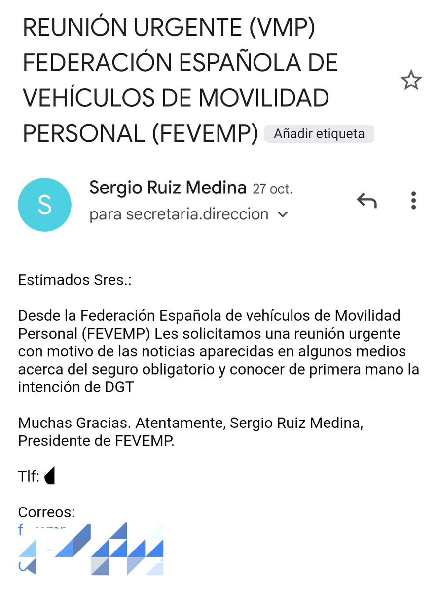 El día 27 de Octubre mandamos el siguiente correo electrónico a la <a href="/DGTes/">Dir. Gral. Tráfico</a>  <a href="/InformacionDGT/">D.G.T.</a> . Aún esperamos una respuesta. Vamos a recordárselo por aquí por si se les ha traspapelado. #VMP #Patinete #Movilidad