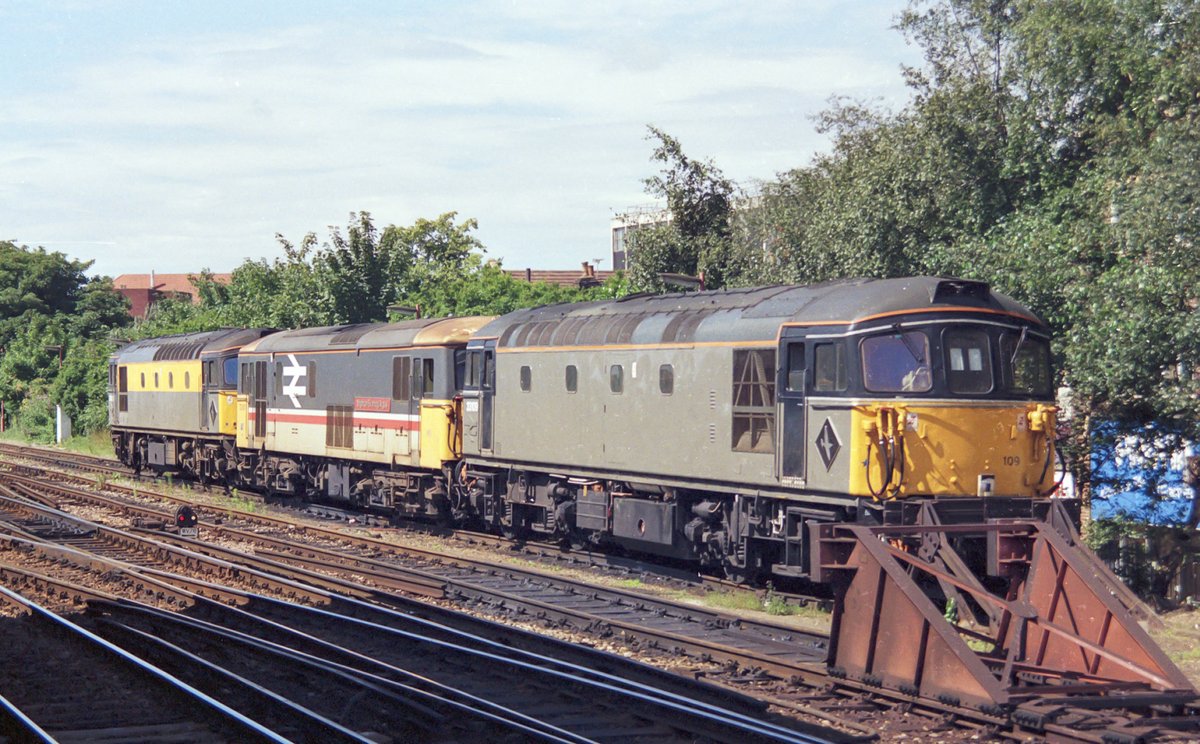 33109, 73101 'Brighton Evening Argus' and 33065 seen at Woking on 10/08/1991. #Class33 #Class73 #Woking