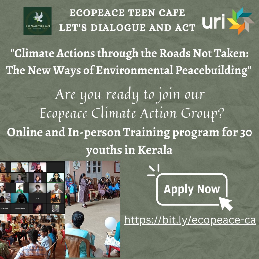 cafe_ecopeace's tweet photo. Ecopeace Teen Café is inviting applications for a training programme on "Climate Actions Through the Roads Not Taken: The New Ways of Environmental Peacebuilding." Please register using this form: https://t.co/HcNI77lOb9
Deadline for applications: 15th November 2022 at 23: 59 IST https://t.co/DrECNr4hdz