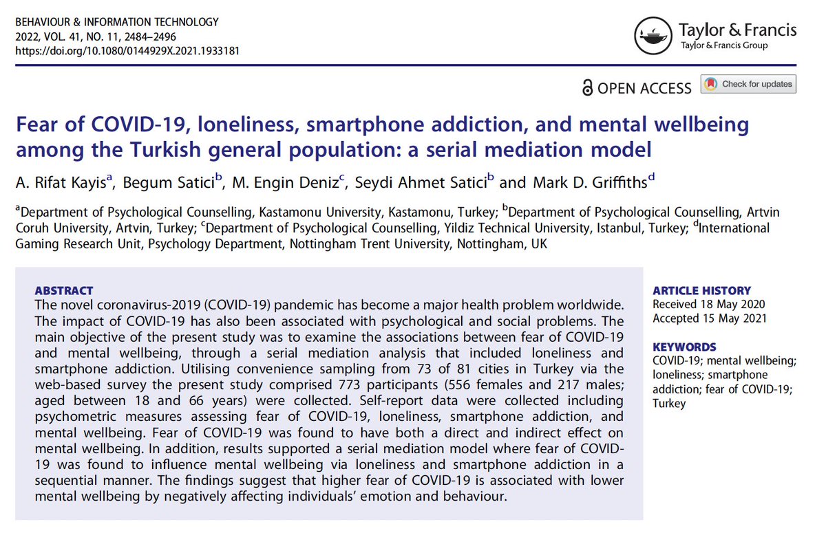 Mark Griffiths (@drmarkgriffiths) on Twitter photo Our paper on smartphone addiction, fear of COVID-19 and mental wellbeing was published in the Nov 2022 issue of Behavior & Information Technology. Free download at: bit.ly/3WuKddY <a href="/PsychologyNTU/">NTU Psychology</a> <a href="/NTUNews/">NTU Press Office</a> <a href="/BPSCyberPsych/">BPS Cyberpsychology</a> <a href="/ntu_research/">NTU Research</a> <a href="/NTUSocSciences/">NTU School of Social Sciences</a> Our paper on smartphone addiction, fear of COVID-19 and mental wellbeing was published in the Nov 2022 issue of Behavior & Information Technology. Free download at: bit.ly/3WuKddY <a href="/PsychologyNTU/">NTU Psychology</a> <a href="/NTUNews/">NTU Press Office</a> <a href="/BPSCyberPsych/">BPS Cyberpsychology</a> <a href="/ntu_research/">NTU Research</a> <a href="/NTUSocSciences/">NTU School of Social Sciences</a>