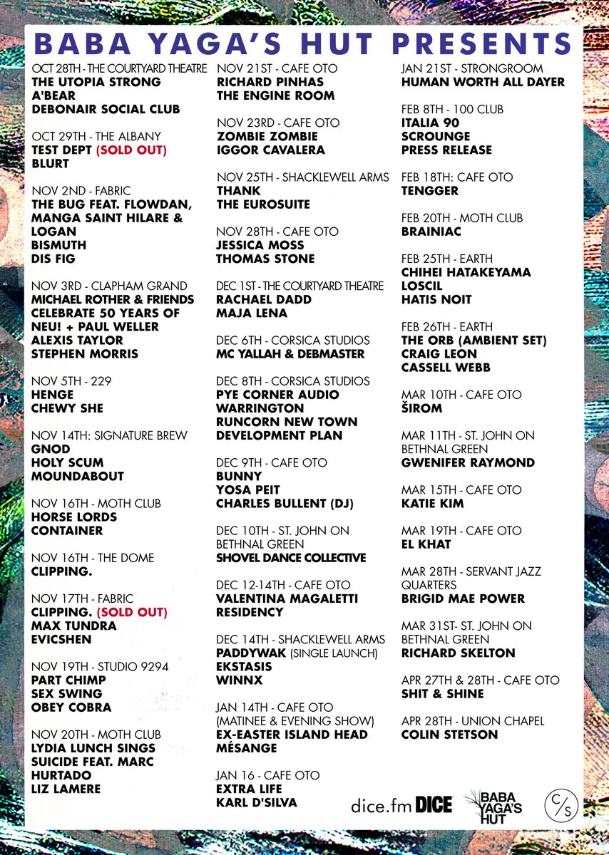 Next shows at Baba Yaga's:
14th - <a href="/GnodGnetwerk/">GNOD</a> 
16th &amp; 17th - <a href="/clppng/">Clipping</a> (SOLD OUT)
16th - <a href="/HorseLords/">Horse Lords</a> + @gentledefect 
19th - Part Chimp + @sexswingband &amp; <a href="/ObeyCobra_band/">Obey Cobra</a> 
Tickets: dice.fm/promoters/baba…