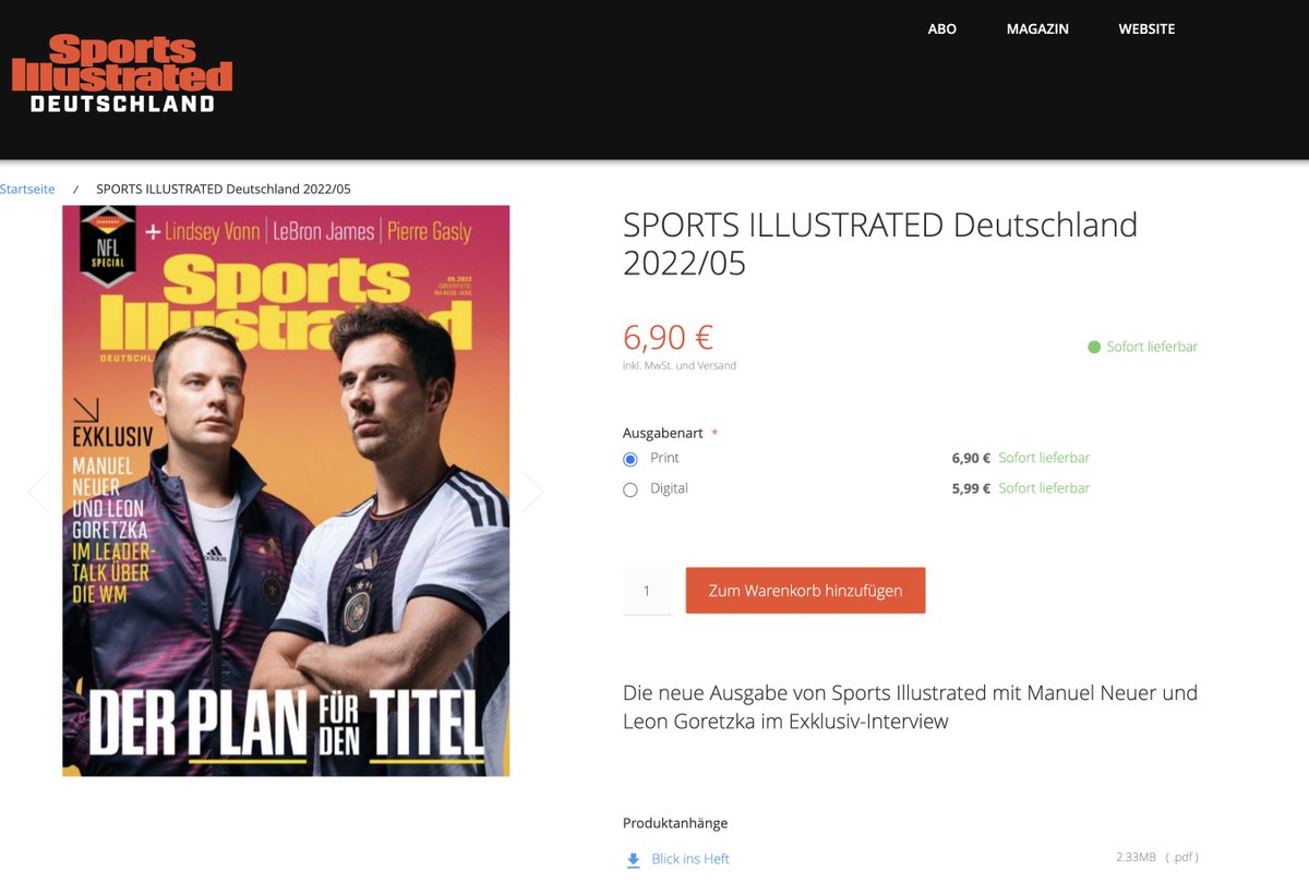 SIGermany's tweet photo. Die brandneue Sports Illustrated ist am Start! Hier geht's zum Kiosk. https://t.co/2ljw27dHSc #SIGermany #SportsIllustrated #Neuer #Goretzka #WM2022 #DFBTeam https://t.co/JZmTHlRvhB