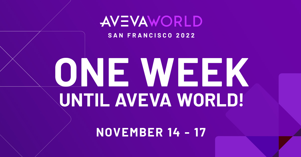 We’re only 1 week away from #AVEVAWorld San Francisco 2022! Don’t miss out—join us for a look at how #digitaltransformation is enabling businesses to achieve sustainable outcomes while elevating performance. Register now: bit.ly/3DIBQ5Z