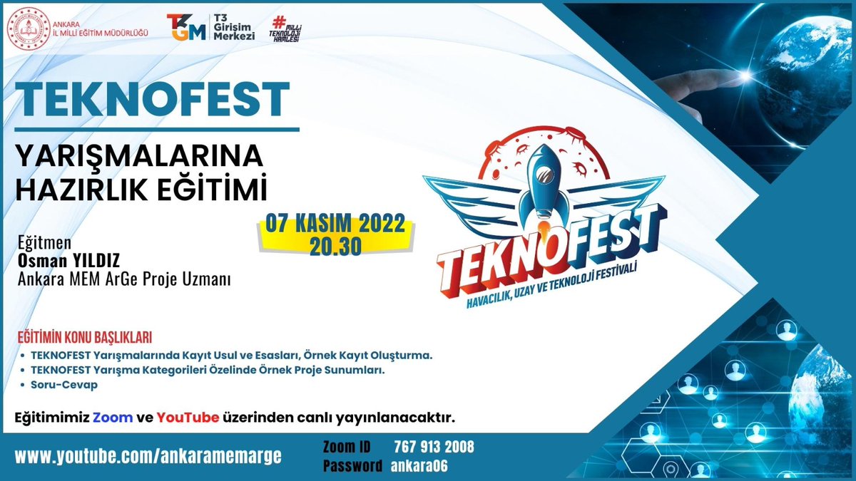 Ankara İl Millî Eğitim Müdürlüğü (@memankara) on Twitter photo TEKNOFEST Havacılık, Uzay ve Teknoloji Festivali kapsamında bugün 20.30’da TEKNOFEST Yarışmalarına Hazırlık Eğitimimiz Zoom ve YouTube üzerinden ortak olarak çevrim içi platformda gerçekleştirilecektir.
📌Zoom ID: 767 913 2008
📌Şifre: ankara06
<a href="/tcmeb/">Millî Eğitim Bakanlığı</a> <a href="/Harunfatsa/">Harun Fatsa</a> TEKNOFEST Havacılık, Uzay ve Teknoloji Festivali kapsamında bugün 20.30’da TEKNOFEST Yarışmalarına Hazırlık Eğitimimiz Zoom ve YouTube üzerinden ortak olarak çevrim içi platformda gerçekleştirilecektir.
📌Zoom ID: 767 913 2008
📌Şifre: ankara06
<a href="/tcmeb/">Millî Eğitim Bakanlığı</a> <a href="/Harunfatsa/">Harun Fatsa</a>