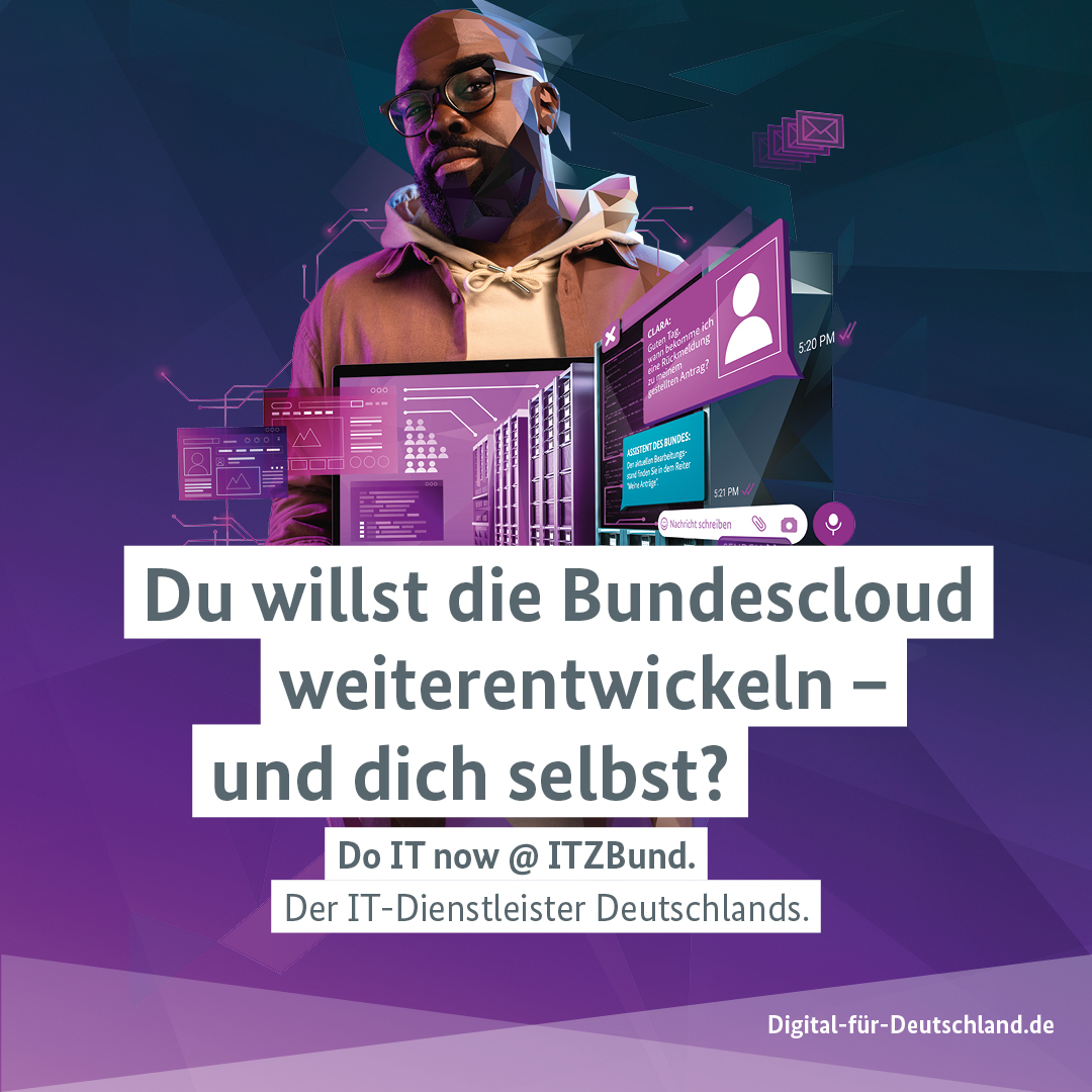 ITZBund's tweet photo. ☁️ Wenn du „Cloud“ hörst, denkst du nicht nur an den Wetterbericht, sondern an die digitale Zukunft Deutschlands?
Do IT now @ ITZBund. Jetzt bewerben. https://t.co/7Mtw32PDnG
#ITZBund #DigitalFürDeutschland # ITJobs #Digitalisierung https://t.co/AZBIZYOl3o