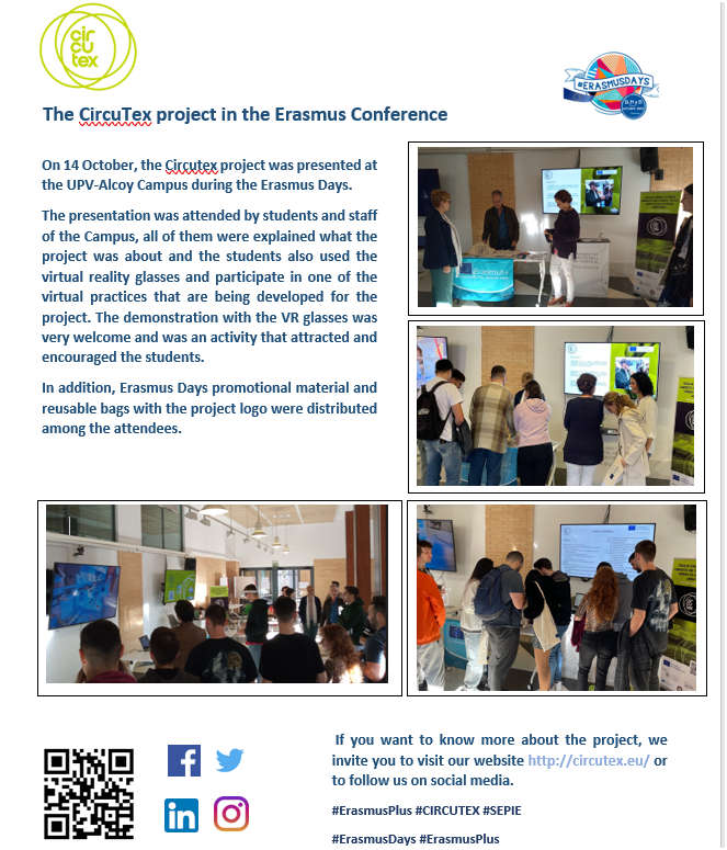 CircuTex's tweet photo. @sepie_gob 
#CircuTex #ErasmusPlus #SEPIE

The CircuTex project in the Erasmus Conference
#ErasmusDays #ErasmusPlus

On 14 October, the Circutex project was presented at the UPV-Alcoy Campus during the Erasmus Days. https://t.co/wj3LideCFy