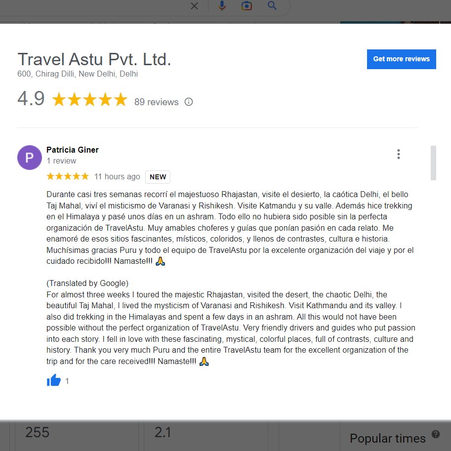 TravelAstu's tweet photo. Ms. Patricia Giner from #Argentina shared feedback in #google about her #India_trip with #TravelAstu. Thank you very much Patricia for beautiful words about our hospitality.
See more google review:- https://t.co/iCNmrXDXcy
Website: https://t.co/KVw9NPCgvk https://t.co/bqJ3X5ZISS