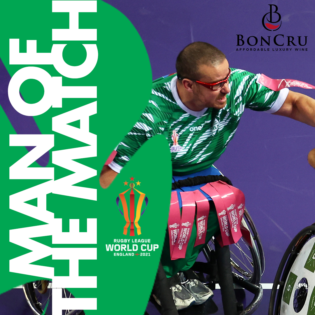 ⭐️ The <a href="/BonCruWines/">BonCru Wines</a> Man of the Match from <a href="/RLIWheelchair/">RLI Wheelchair</a>'s game against Australia is James McCarthy! 🍷

#IrelandRL • #RLWC2021