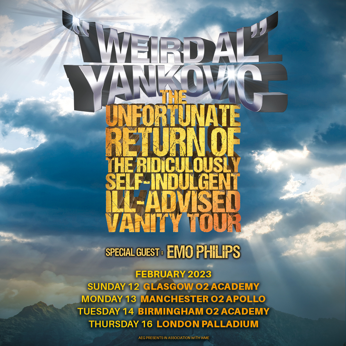 O2ApolloManc's tweet photo. .@alyankovic returns with The Unfortunate Return of the Ridiculously Self-Indulgent, Ill-Advised Vanity Tour, coming to Manchester Mon 13 Feb, with special guest @EmoPhilips! 🕺

🎟️ #PriorityTickets on sale Wed 9 Nov at 10am and Fri 11 Nov at 10am via @TicketmasterUK https://t.co/TVn1FEGh6g