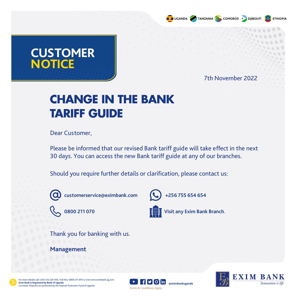 EximBankUganda's tweet image. Dear customers, please be informed that our revised Bank tariff guide will take effect in the next 30 days. You can access the new Bank tariff guide at any of our branches. #Eximbank #TariffGuide
