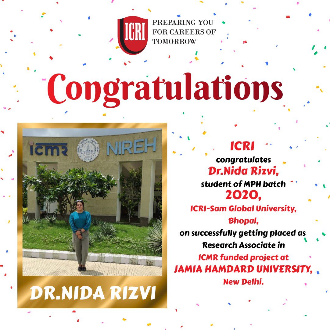 #congratulations 

ICRI &amp; SAM Global University congratulates Nida rizvi student from MPH 2020 Batch for selected as Research Associate in ICMR funding project with Jamia Hamdard, New Delhi.

Visit Us For more Details
icriindia.com

#Clinicalresearch #Clinicaltrials