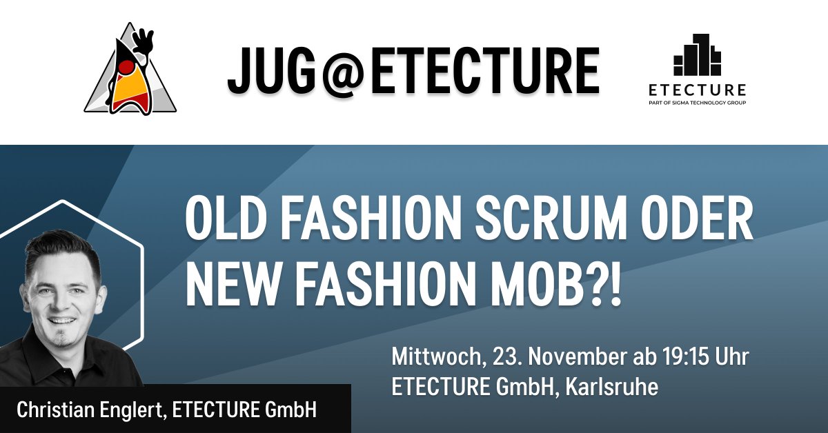 ETECTURE (@etecture) on Twitter photo Wir freuen uns, die <a href="/jugka/">JUG Karlsruhe @jugka@ijug.social</a> am 23.11. bei uns begrüßen zu dürfen und sind gespannt auf den Vortrag unseres Kollegen Chris, der davon erzählen wird, wie Mob-Programming bei uns zum Einsatz kommt und welche Benefits wir dadurch generieren können.
Anmeldung: meetup.com/de-DE/java-use… Wir freuen uns, die <a href="/jugka/">JUG Karlsruhe @jugka@ijug.social</a> am 23.11. bei uns begrüßen zu dürfen und sind gespannt auf den Vortrag unseres Kollegen Chris, der davon erzählen wird, wie Mob-Programming bei uns zum Einsatz kommt und welche Benefits wir dadurch generieren können.
Anmeldung: meetup.com/de-DE/java-use…