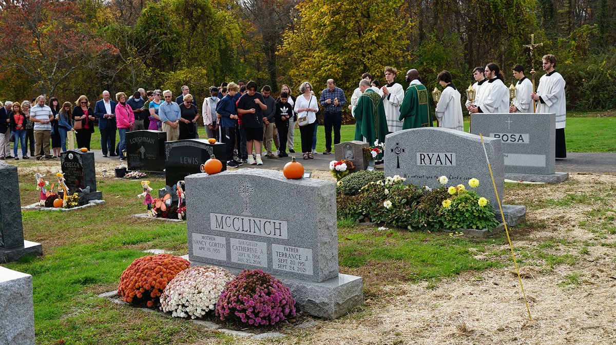 Dozens of parishioners joined Fr Marcello yesterday to pray the Glorious Mysteries of the Rosary in Nichols Village Cemetery. November is dedicated to prayer for the faithful departed; they prayed for departed members of St. Catherine’s parish &amp; those buried in the cemetery.