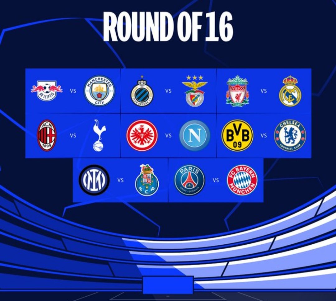 UEFA Champions League draw is also completed and the games are like this 👇👇👇
RB Salzburg Vs Man city
Club Brugee Vs Benifica
Real Madrid Vs Liverpool
Ac Milan Vs Tottenham
Frankfurt Vs Napoli
Dortmund Vs Chelsea
Inter Milan Vs FC Porto
PSG Vs FC Bayern
#UCL #UCLdraw #Champion