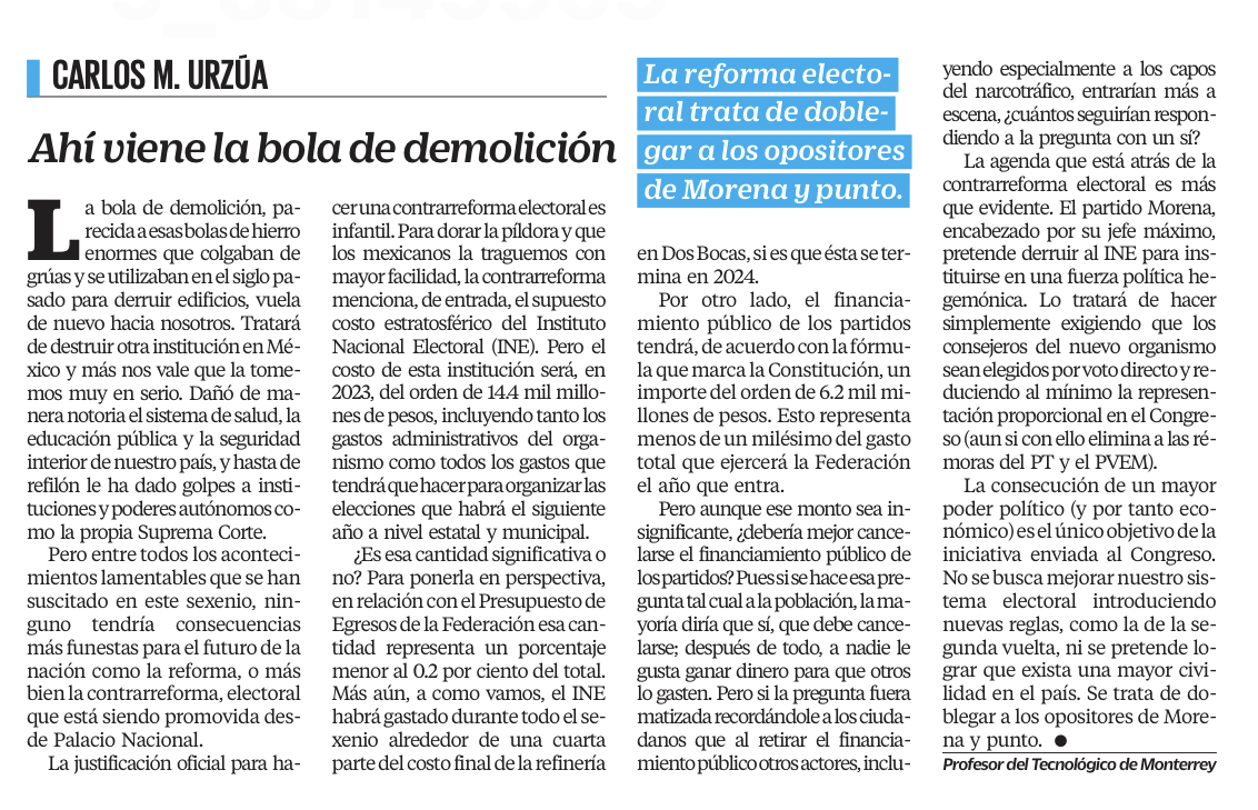 Carlos M. Urzúa on "Buenos comparto mi artículo sobre contrarreforma del INE https://t.co/EfwvqTlq0H https://t.co/FSgywk9kvN" / Twitter