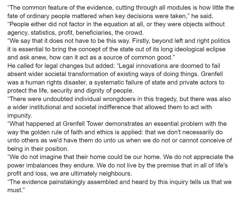 Lots to take from this morning's closing statements at the Grenfell Tower Inquiry, but this from Danny Friedman KC is probably worth sharing. The inquiry has shown a world absent empathy. As well as all the technical stuff, that needs to change