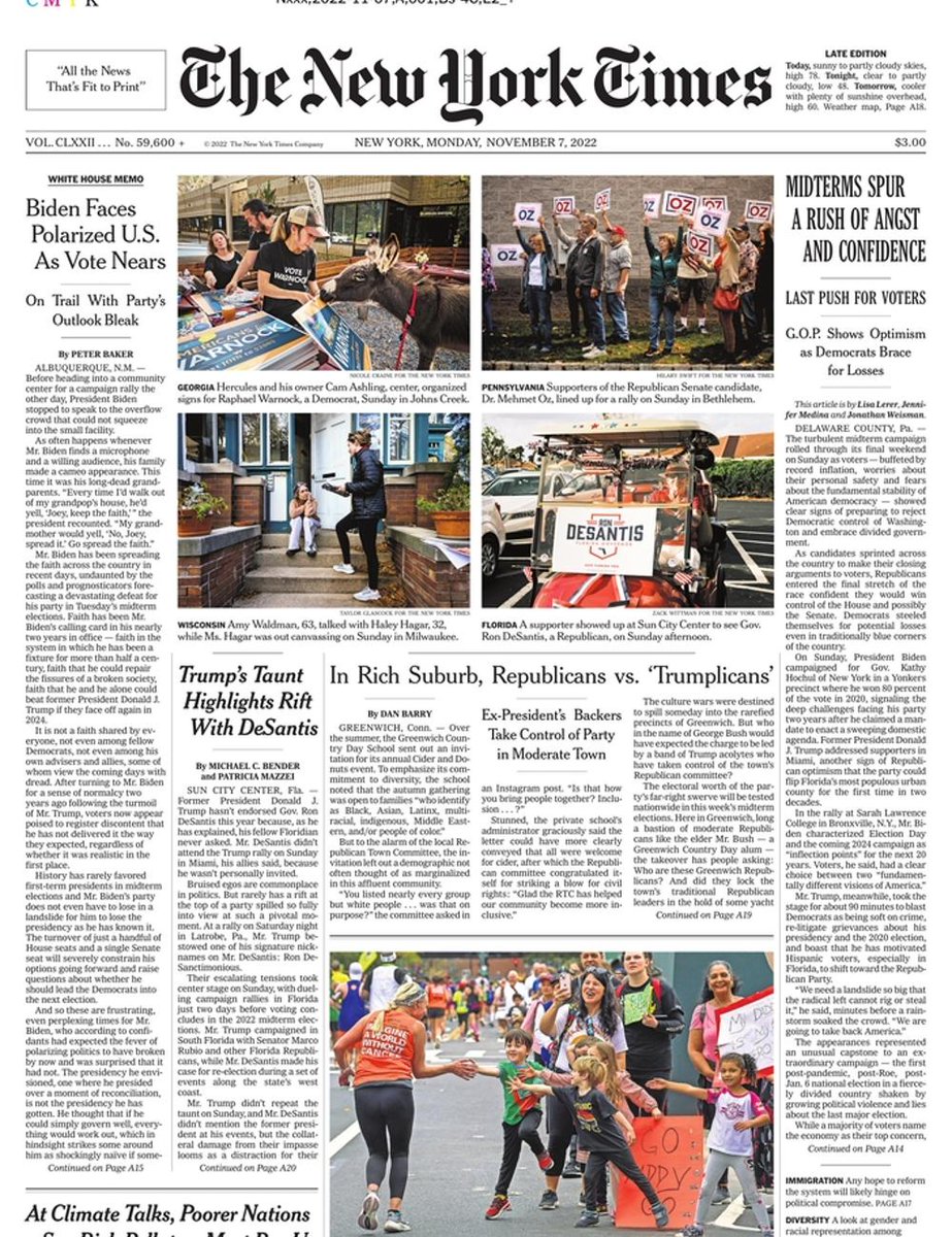 nyt_daily's tweet photo. The front page of The New York Times this morning.
Monday, November 7 2022. https://t.co/rO1oqp6nNQ