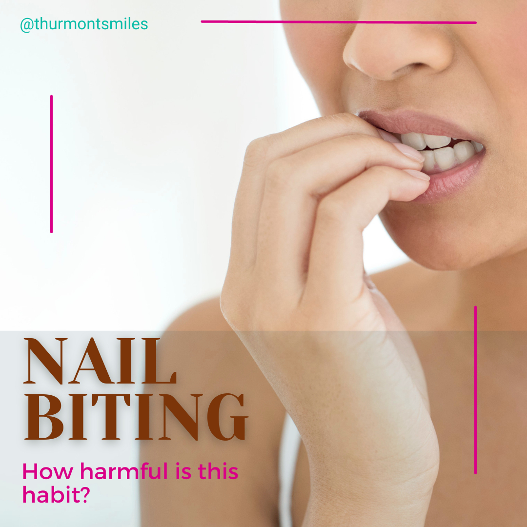 Biting on your nails can chip and wear away your the teeth enamel. If the habit is long term, it can alter your bite and cause TMJ issues and the treatments of which can be quite costly.
.
What can you do to stop?
. Trim your nails
. Use a bitter nail polish as a deterrent
. Know