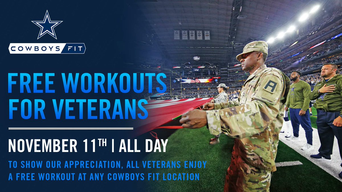 To honor those who have served our country, all veterans can work out FREE this Veteran’s Day, November 11th, at all Cowboys Fit locations. Thank you for your service! 

#CowboysFit | #VeteransDay