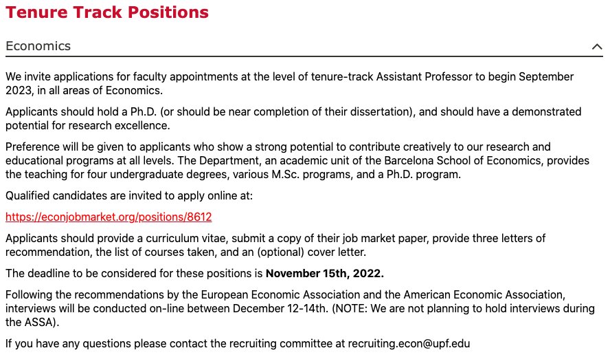 Here's a reminder that we're hiring in Economics and Finance at UPF!

One week left to submit your applications to join us at this excellent institution! 
More info: econjobmarket.org/positions/8612