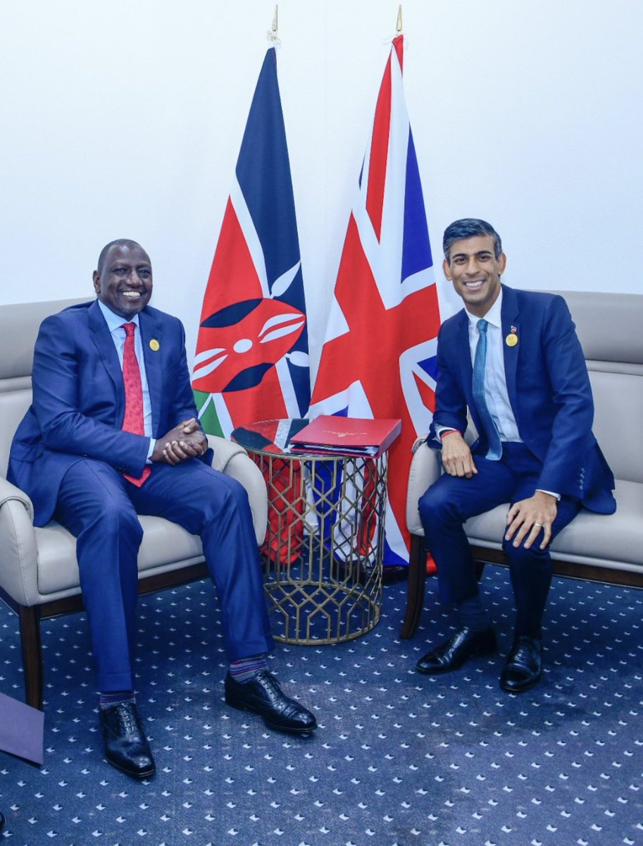 HusseinMohamedg's tweet photo. President William Ruto @WilliamsRuto with UK Prime Minister Rishi Sunak on the sidelines of COP 27 in Sharm-El-Sheikh, Egypt. UK will invest KES 500B to support Kenya’s climate action, in agriculture, transport and green energy. https://t.co/Z6d20lv9nu