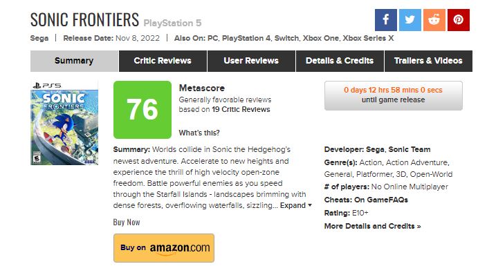 Sonic Paradise on X: En sus primeros minutos luego de levantarse el  embargo de los análisis, la versión de PS5 de Sonic Frontiers ha obtenido  un score de 76 en Metacritic.  /