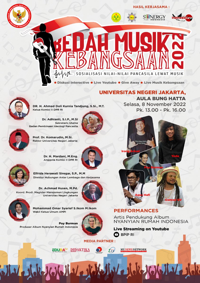 [BEDAH MUSIK KEBANGSAAN 2022]

Halo Jakarta, yuk hadiri Bedah Musik Kebangsaan: Sosialisasi Nilai-nilai Pancasila Lewat Musik di Universitas Negeri Jakarta.

Hari/Tanggal : Selasa, 8 November 2022
Pukul : 13.00 - 16.00 WIB
Lokasi : Aula Bung Hatta, Universitas Negeri Jakarta