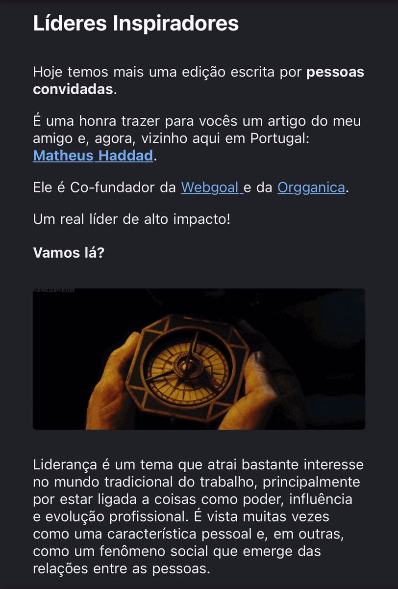 Bom dia para vc que recebeu, nesta manhã, a 28ª edição da News Liderança de Alto Impacto.

Foi mais uma edição com líderes inspiradores e, desta vez, tive a honra de contar com a participação do meu amigo, <a href="/mhaddad/">Matheus Haddad</a>, o Co-fundador da <a href="/orgganica/">Orgganica</a> e da <a href="/webgoal/">webgoal</a>.