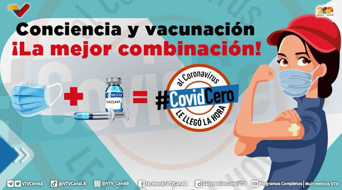 #PREVENCIÓN😷| Combate a la COVID-19 con la mejor combinación: la mascarilla y las vacunas. Sé consciente y ¡Cuídate! 🦠 #VenezuelaHumanista