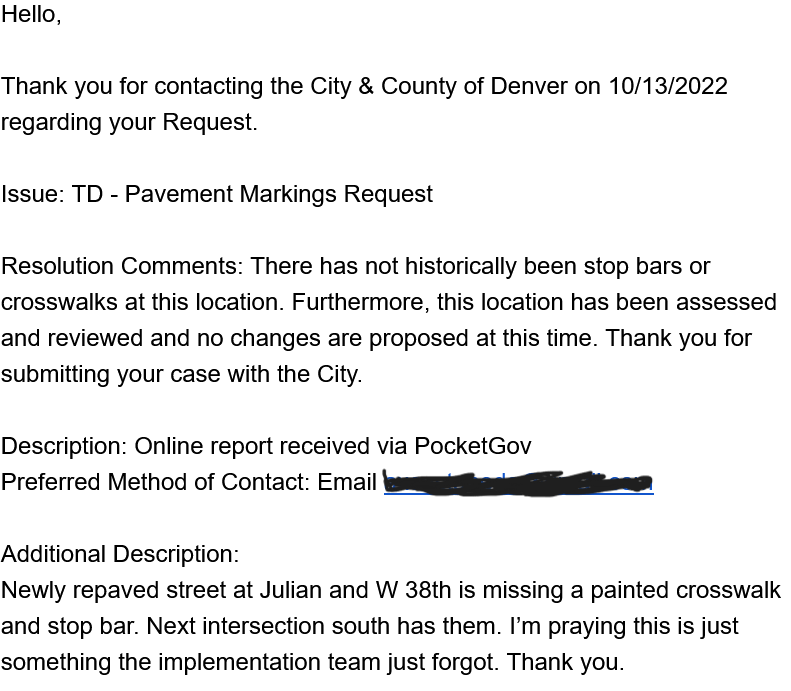 biculturalbrokr's tweet photo. Hi @DenverDOTI @davidpulsipher @sandovalcd1 @MayorHancock, is this response to a lack of crosswalks on W38th Ave ("historically" part of high-injury network) consistent with our #VisionZeroDEN goals? Thank you.
@pedestrianhonor
https://t.co/jjuPa7VEYU https://t.co/IMFJEKHvN2
