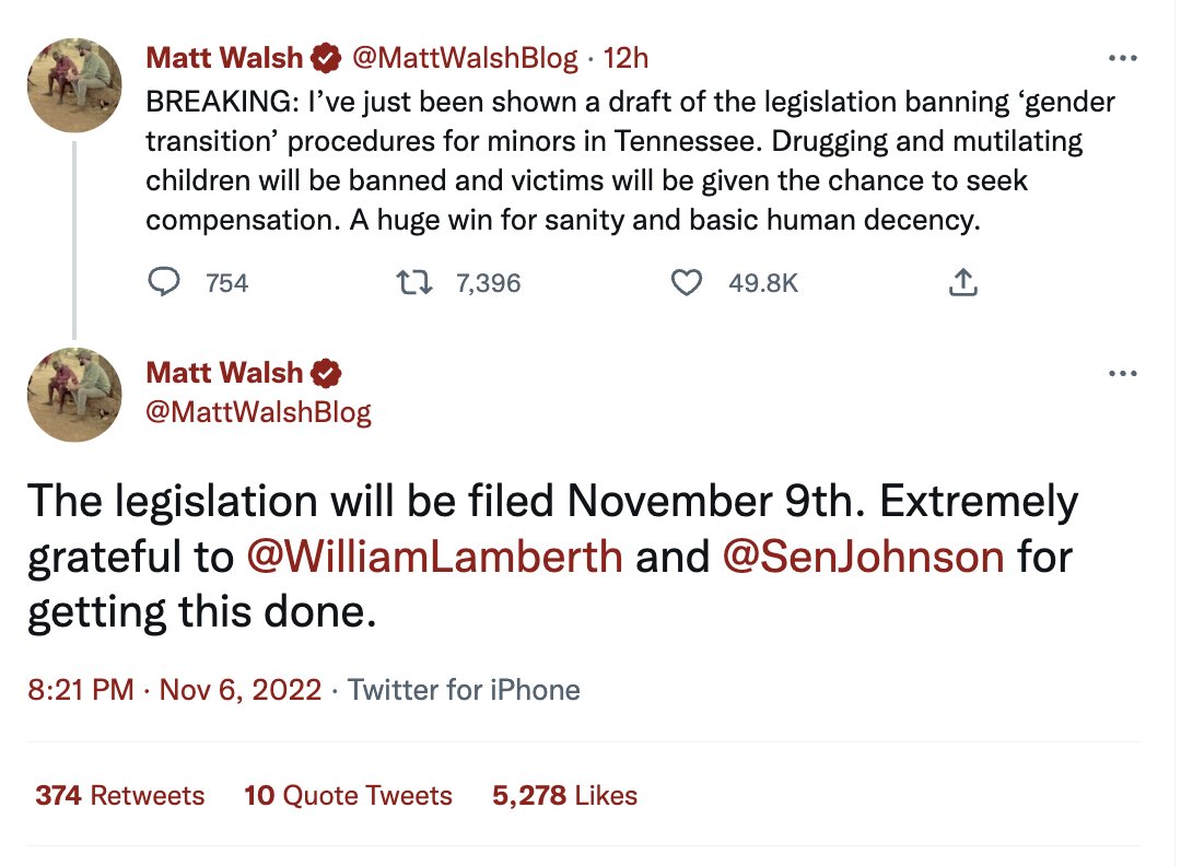 ErinInTheMorn's tweet photo. Tennessee will be filing a forced medical detransition bill against trans youth on November 9th.

From a cursory reading, this looks like it will be a SAFE act, the same kind filed in Arkansas and Alabama.

We don't have draft text. The fight starts RIGHT after the election. https://t.co/7N5HHsmURH