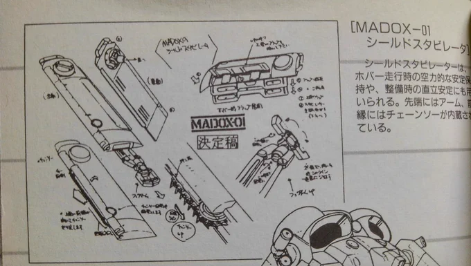 モデロイド、MADOX-01をディテールアップするに辺り、シールドスタビレーター内臓のチェーンソーとフックアームを再現する方はどうぞ。 