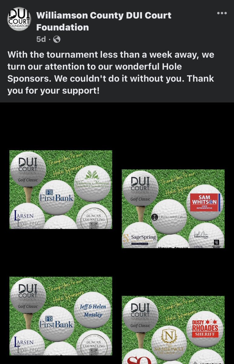 EmilyDuncanLCSW's tweet photo. Excited to sponsor a hole for today’s annual golf tournament fundraiser! Good luck to all of today’s golfers and thank you to the DUI Court Board for supporting essential recovery &amp; treatment. Keep up the amazing work! 🙏🏼🙌🏼

https://t.co/xyx64IlCg6

@WilliamsonTN @visitfranklin https://t.co/UmZgwBCcec