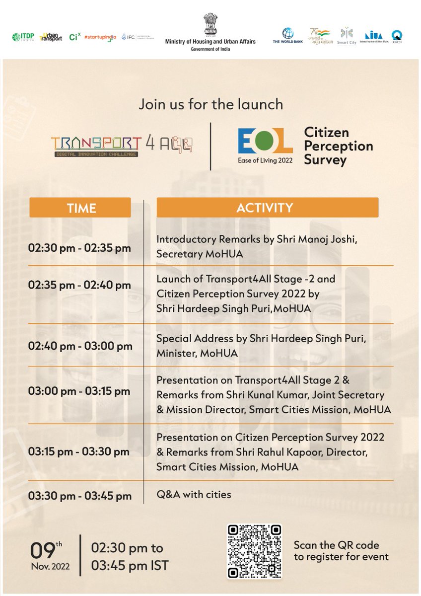 Join us for the  Launch event of Stage 2 for Transport4All Challenge, and Citizen Perception Survey 2022 
 Date: 9th November, 2022
 Time: 02.30 PM to 03.30 PM
Scan the QR code to register for the event.
