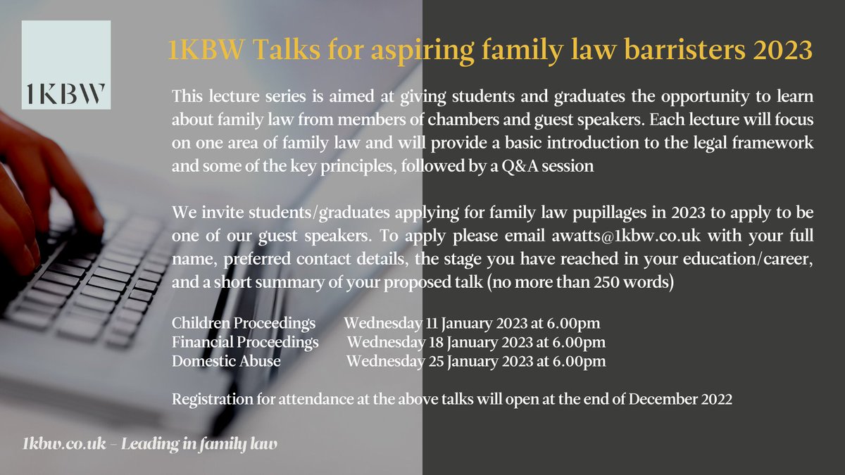 We are delighted to announce the launch of our 1KBW Talks for aspiring family law barristers 2023. Apply now to be a guest speaker the closing date is 23 November at 4.00pm 1kbw.co.uk/careers/mini-p…